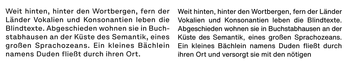 Helvetica Now Micro (links) im Vergleich zur Helvetica Now Text (rechts). Die Variante Micro ist für kleine Schriftgrößen angepasst.