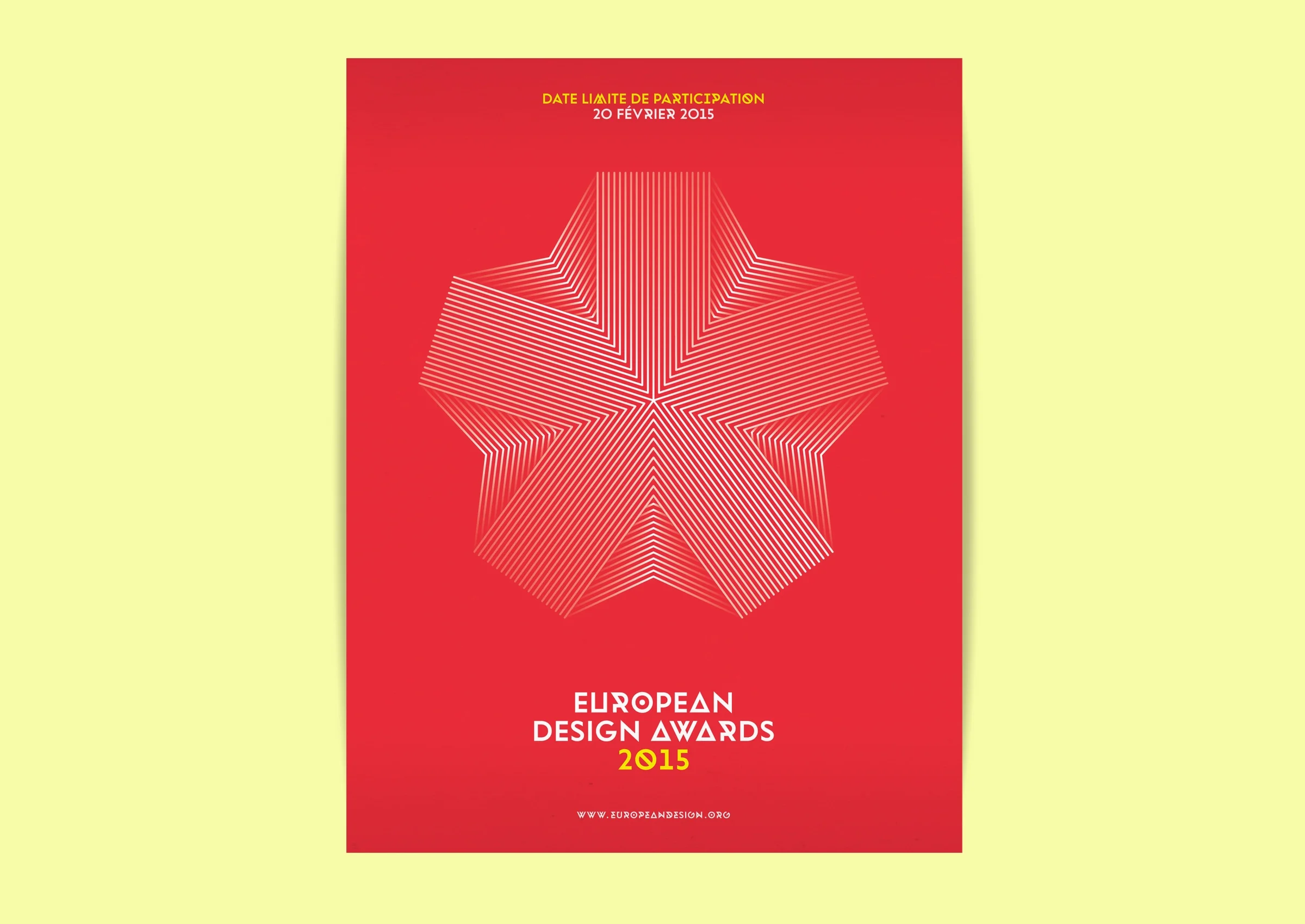Rotes Plakat der European Design Awards 2015 auf gelbem Grund