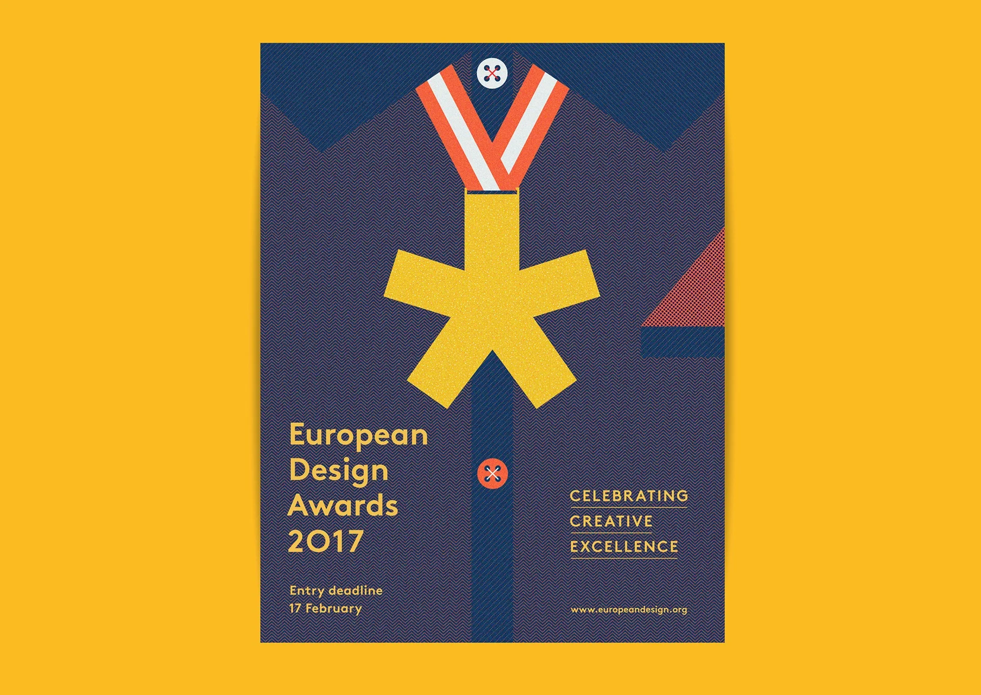 Poster der European Design Awards 2017 mit gelbem Asterisk und Medaillenband