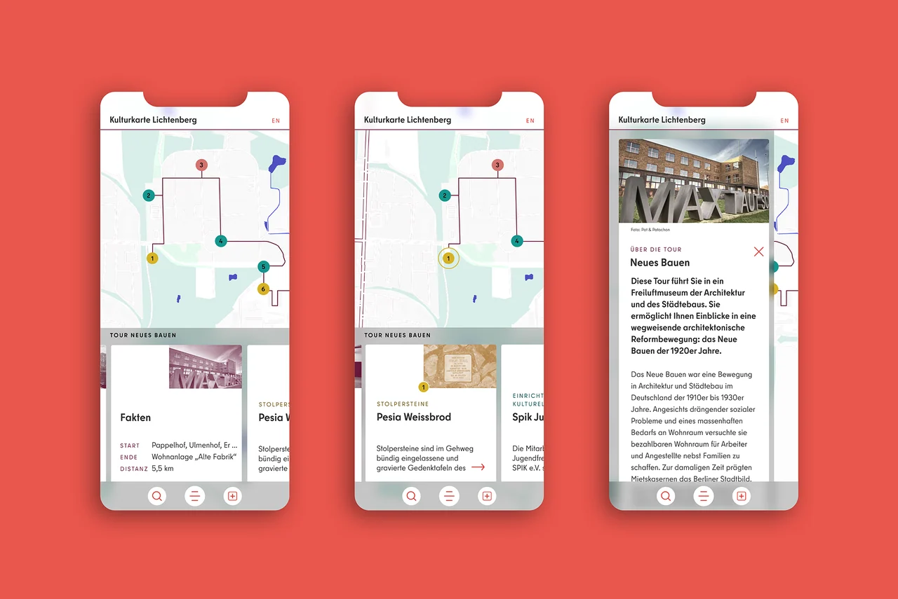 Drei mobile Ansichten der Kulturkarte Lichtenberg mit Karte, Tour und Ortsinformationen