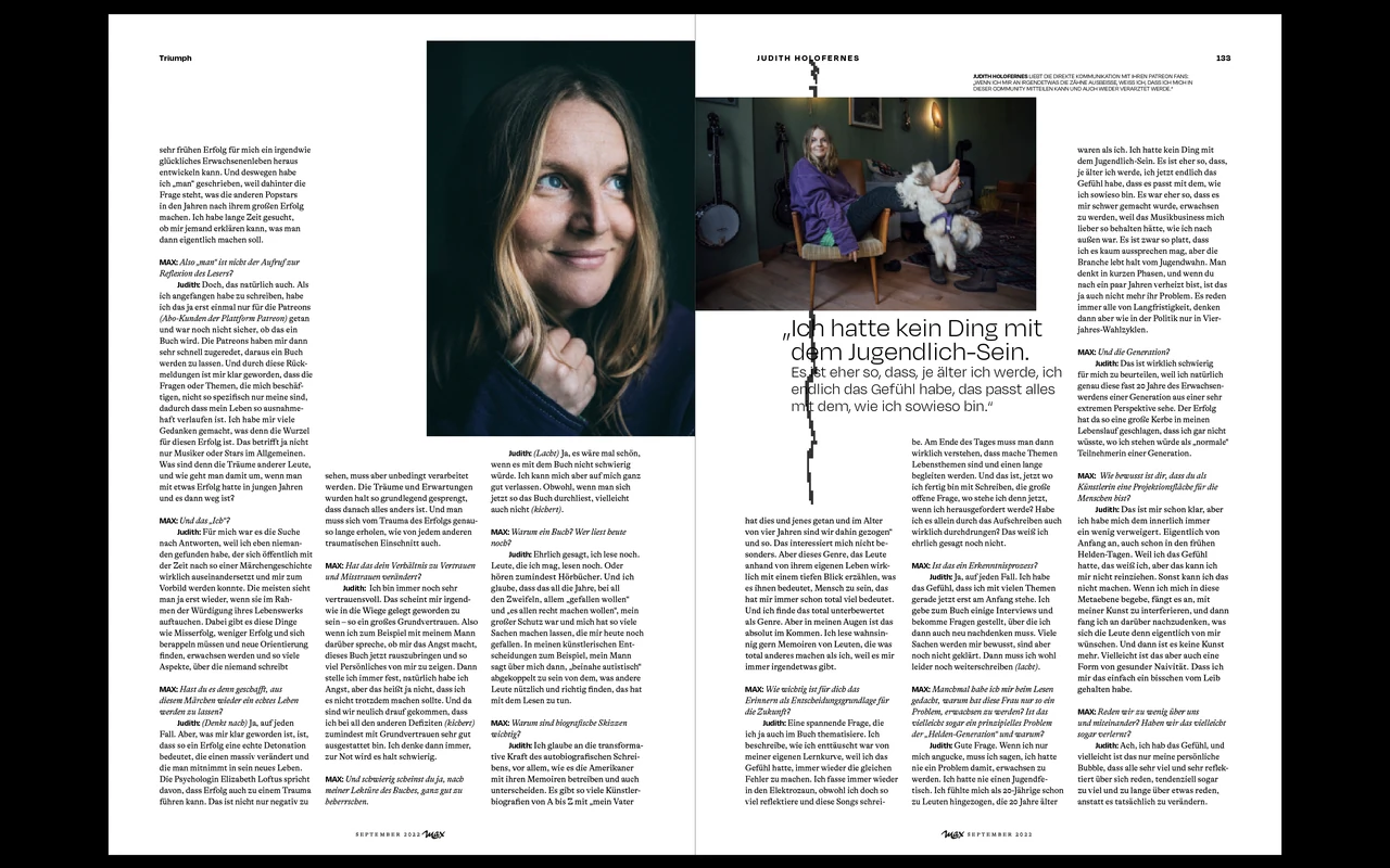 Doppelseite des MAX Magazins mit Interview, Porträts und gegliedertem Text