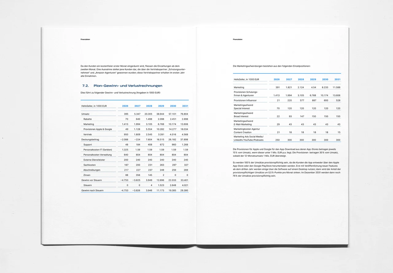 Doppelseite einer Publikation mit Texten und gegliederten Finanztabellen